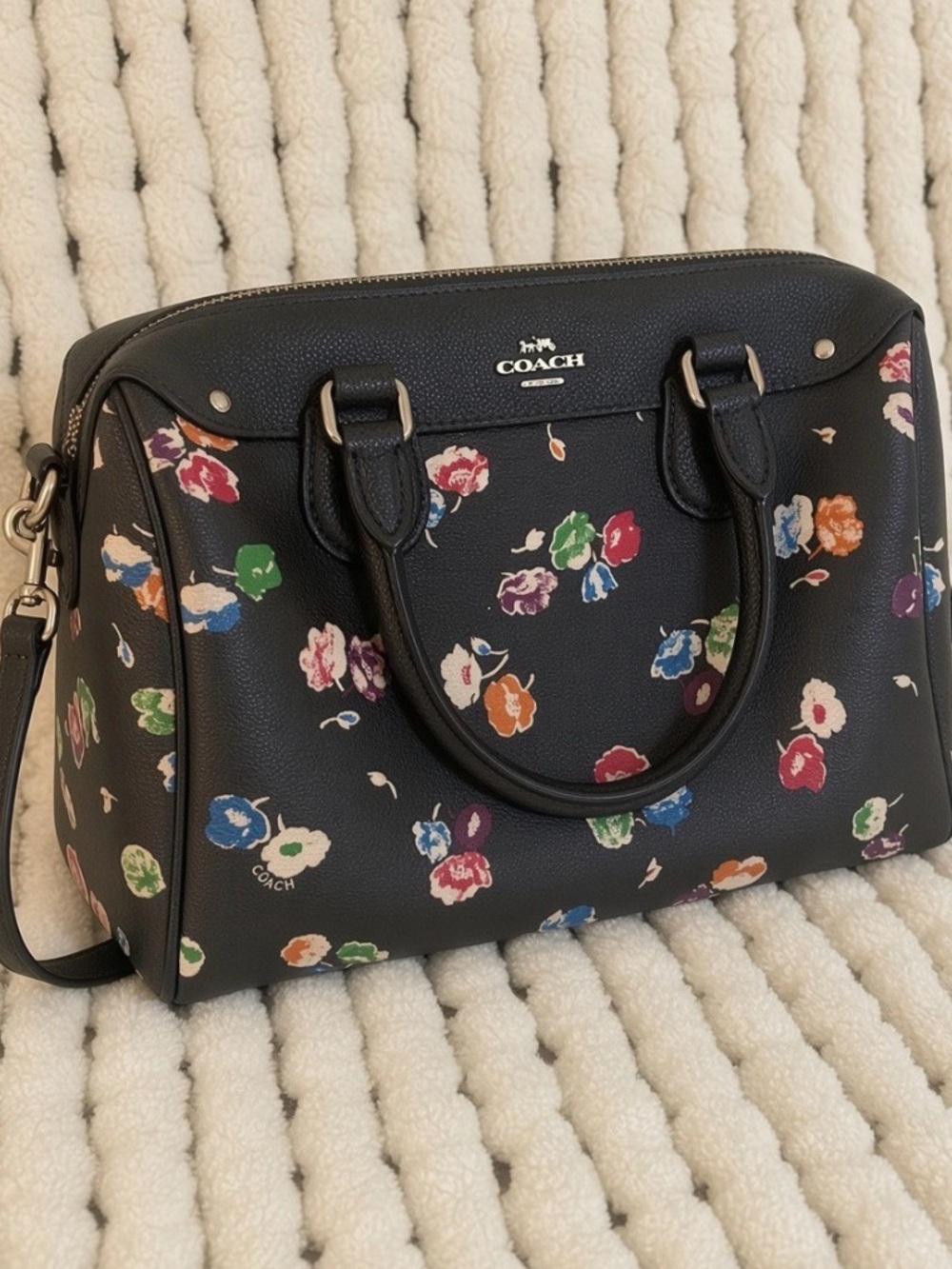 EUC Cosch Mini Bennett Navy Wildflower Satchel Top Handles Silver Attached Rings